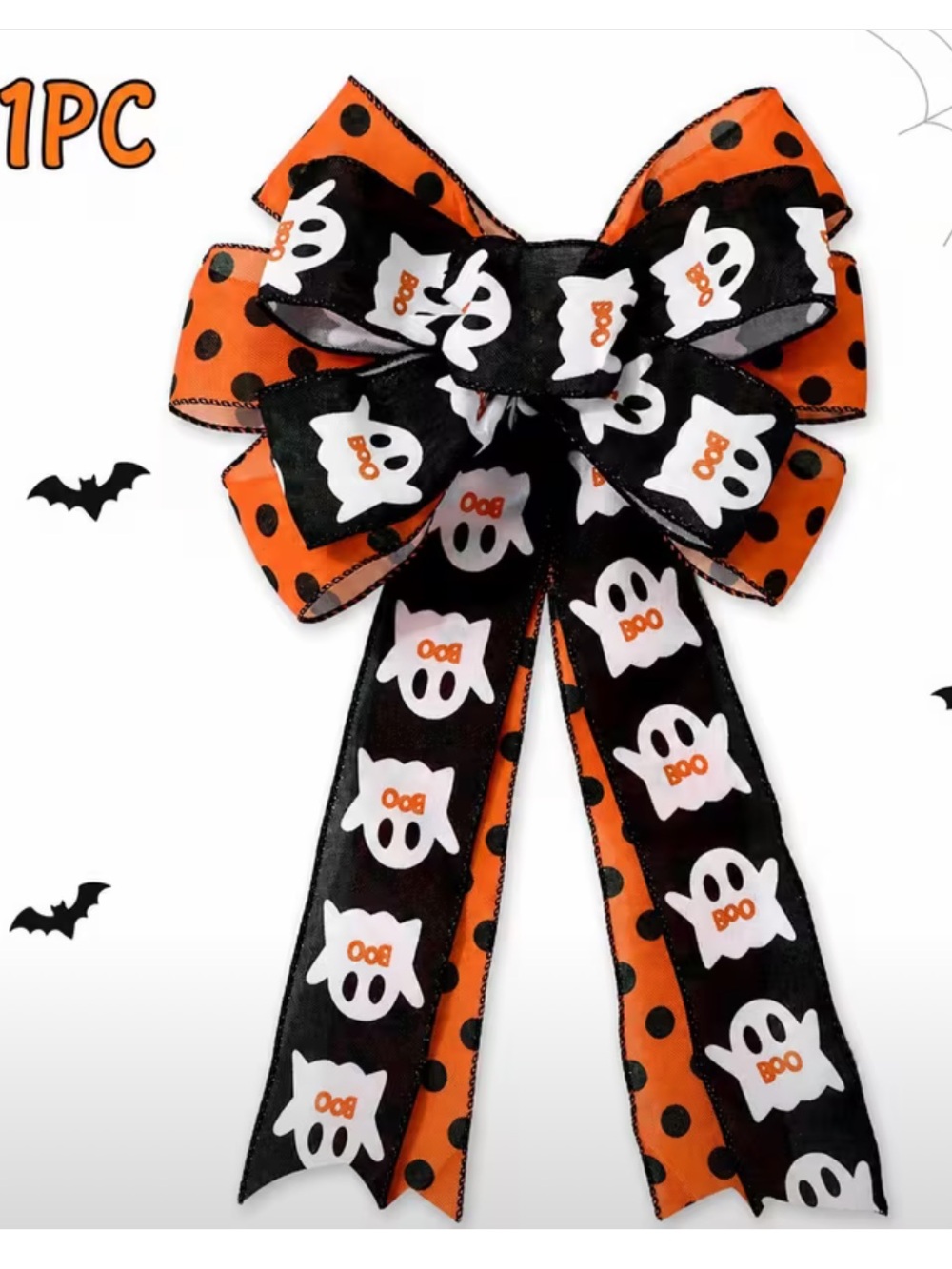 Halloween Ghost "Boo" Polka Dot Hair Bow - Black & Orange